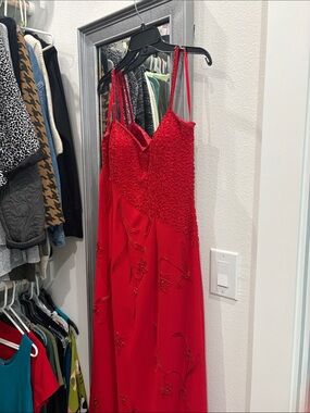 Red Beaded Spaghetti-Strap Evening Dress